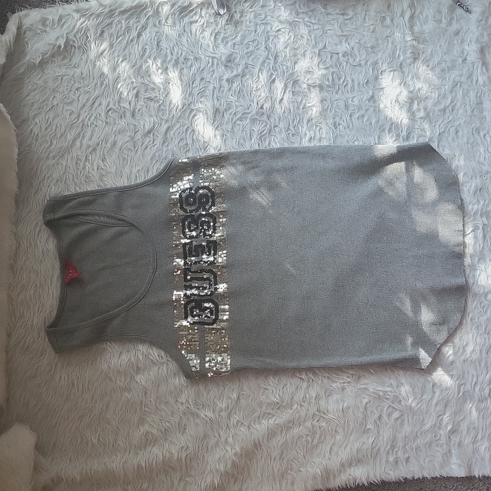 Guess Sequin Y2k shiny grey ribbed Fitted tank top